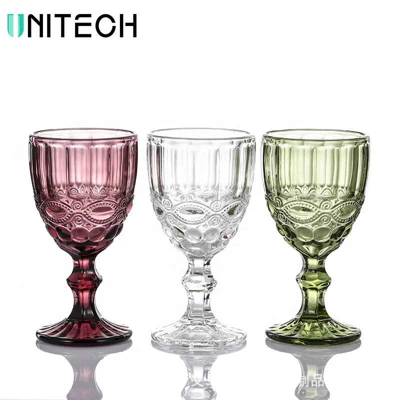 

Factory Wholesale Colored Goblet Wine Water Glasses Pressed Blue Glass Goblets Vintage, Transparent or color customized