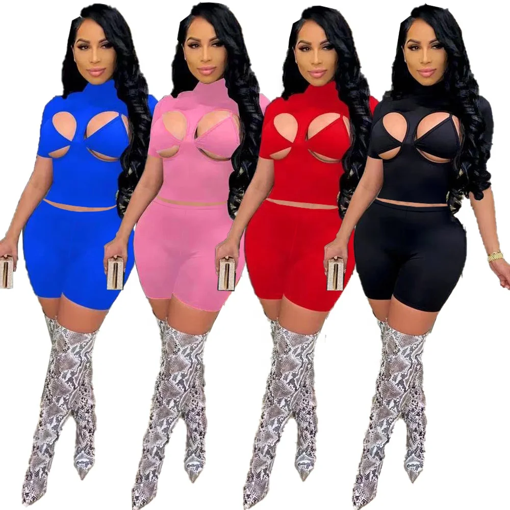 

MT172-9092 Hot sale casual summer 2021 fashion new sexy solid color short sleeve hollow bandage female mini three-piece suit