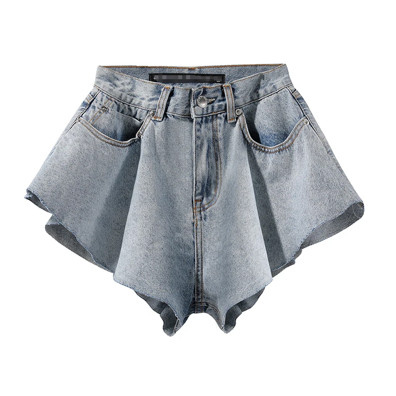 

High waist slim shorts wide leg pants jeans sexy ruffle flare super short womens denim shorts, Light blue / gray