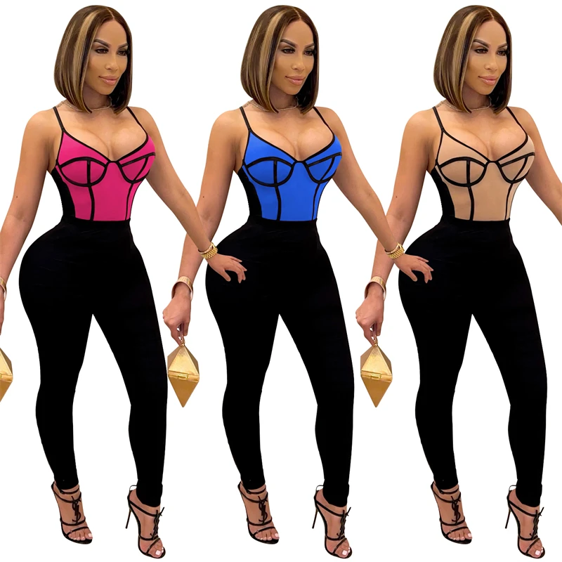 

ladies black sexy 2021 fall outfits women contrast blouse camisole tank top leggings bodysuit fitting long pants romper jumpsuit