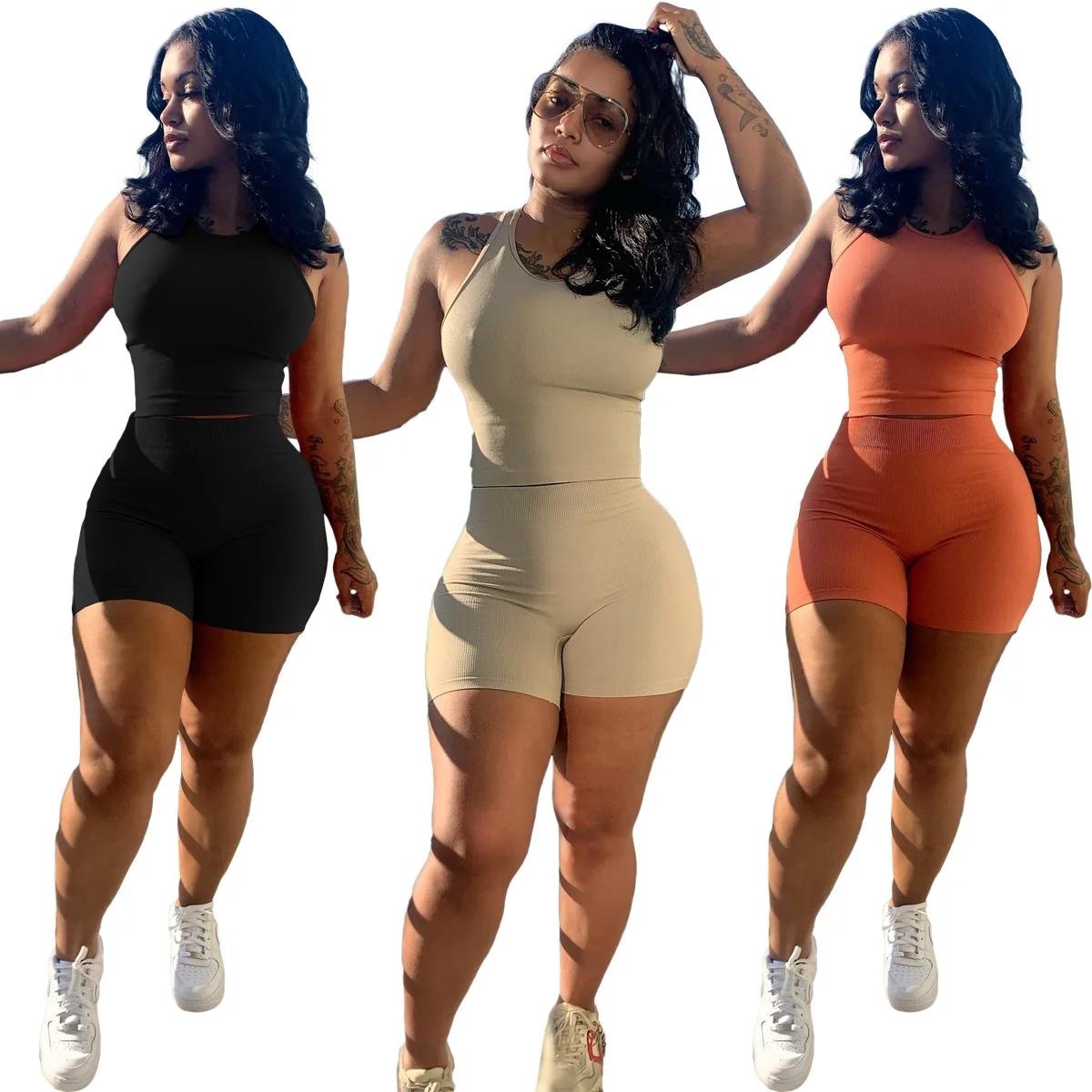 

Wholesale 2022 summer women clothes tank top 2 piece set tracksuits tight knitted ribbed shorts set lounge wear