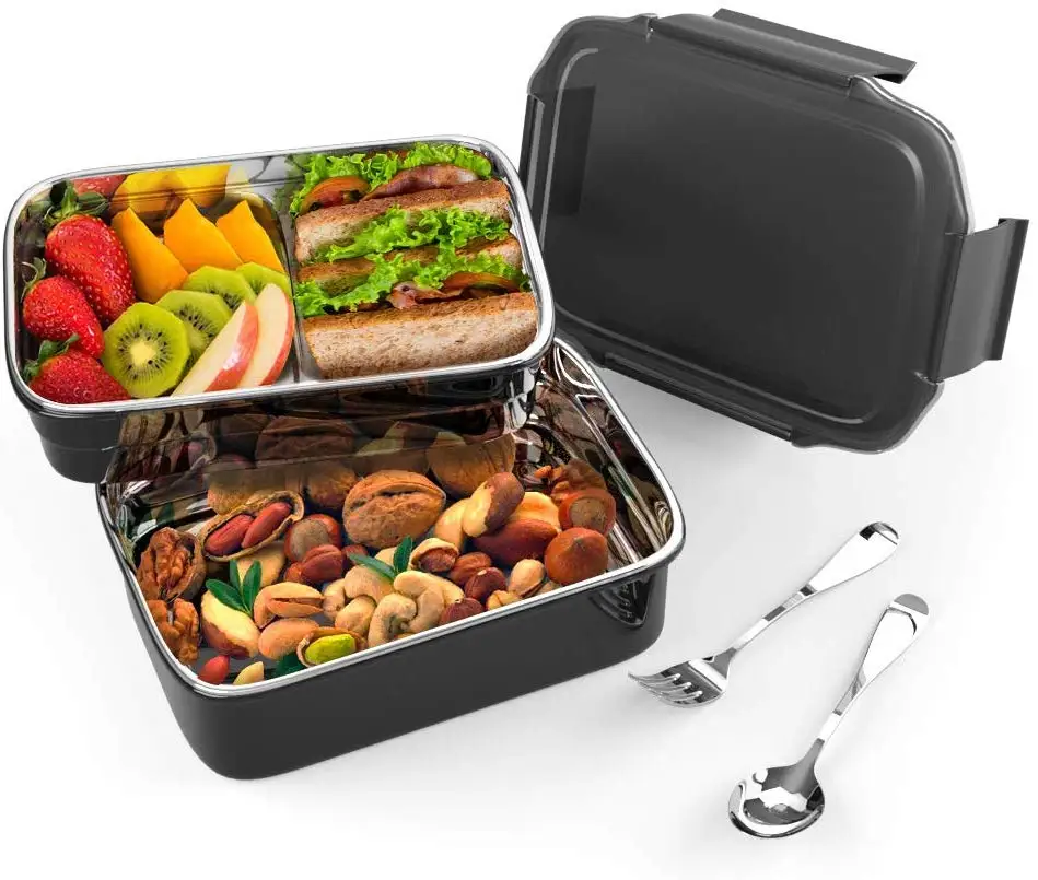 Food Grade 2 Large Compartments Stainless Steel Bento Lunch Box Insulated Double Layer with Anti-Leak Keep Food Warm&Fresh