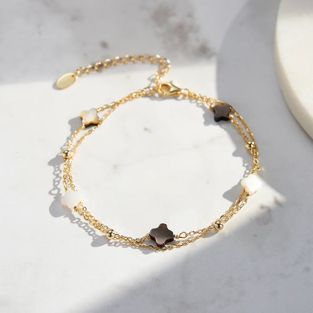RINNTIN GMB66 High Quality 14K Gold Plated Four Leaf Clover Shell Pearl Bracelet 925 Sterling Silver Double-layer Bracelets