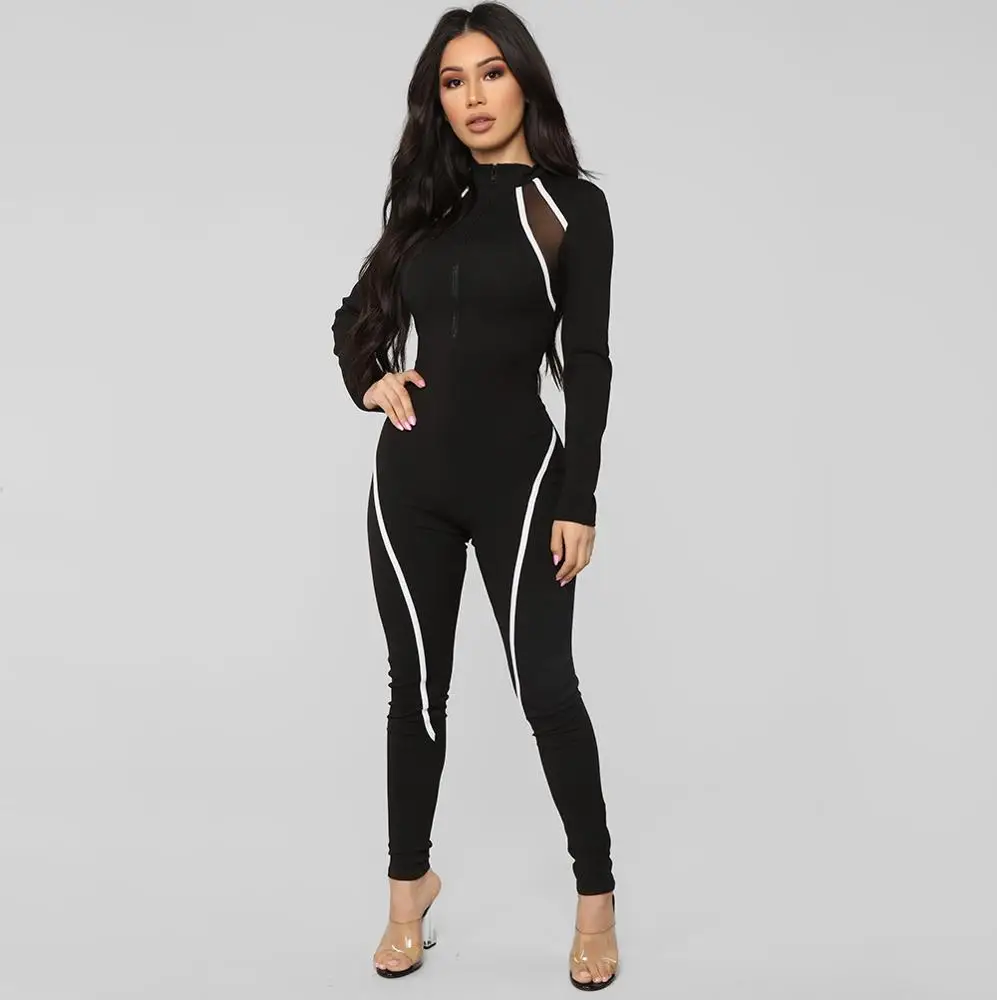 

Black Sexy Bodycon Jumpsuit Romper Long Sleeve Bodysuit Women Zipper Mesh Jumpsuits Elegant Full Length Tracksuits