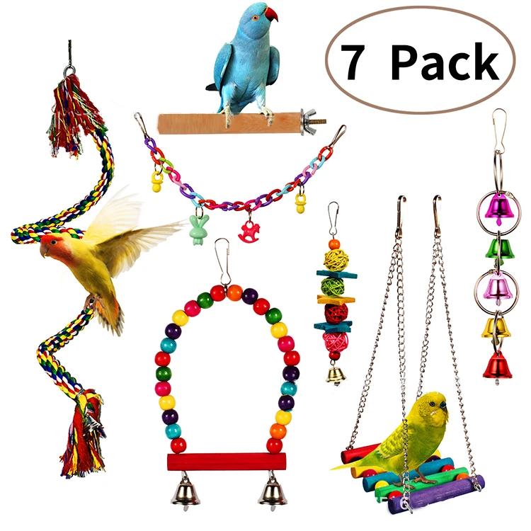 

Hot sale 7 piece set of climbing rope acrylic soft bridge station stick color swinging bell string parrot combination bird toy, Customized color