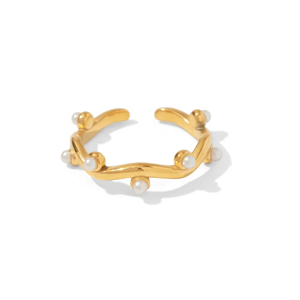 

18K Gold Plated Stainless Steel Irregular Water Wave White Pearl Leaf Branch Stacking Rings