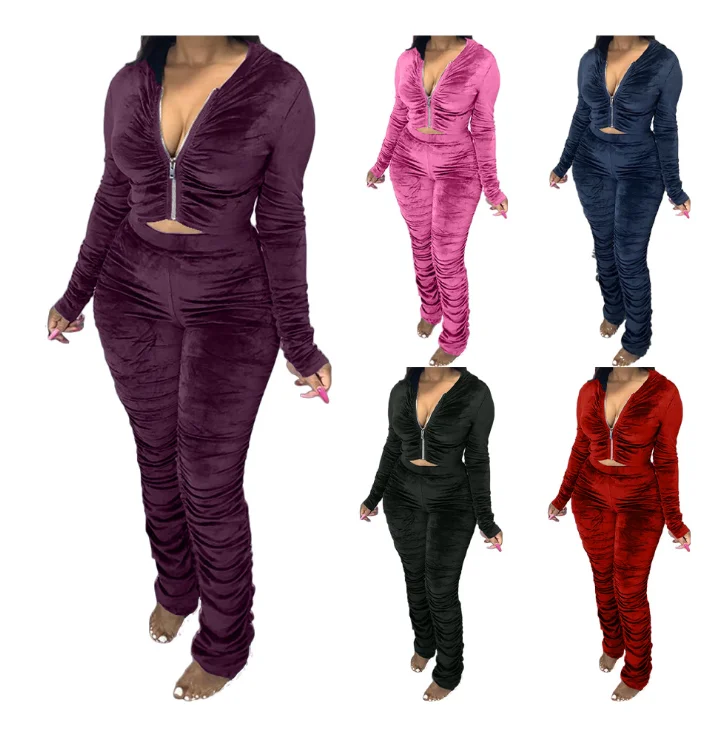 

2020 Fall Winter Clothes Velvet Women's Hoodies Sexy Women Long Sleeve Stacked Pants Sweat Suit 2 Piece Set Jogger Sets, Red,purple,black,rose red,brown,blue,wine red