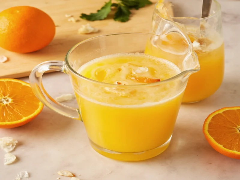 Blending fresh Orange Julius ingredients in glass pitcher