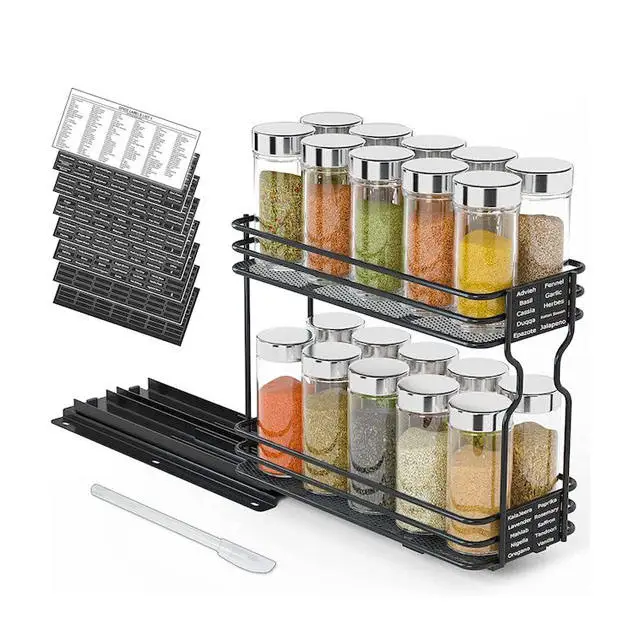 

Heavy Duty Slide Out Seasoning Holder Kitchen Cabinet Organizer Pull Out Spice Rack Drawer 2-Tier with Labels