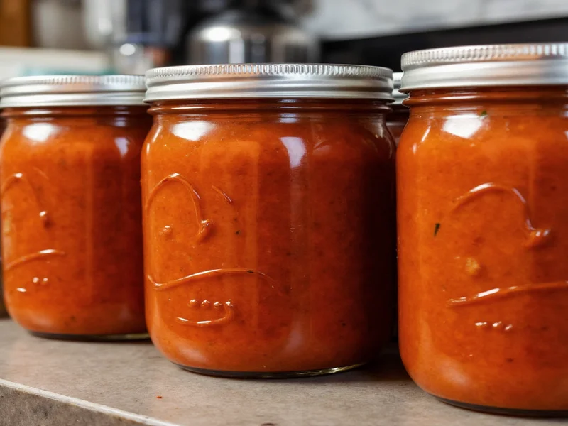 Homemade enchilada sauce stored in glass jars for freezing