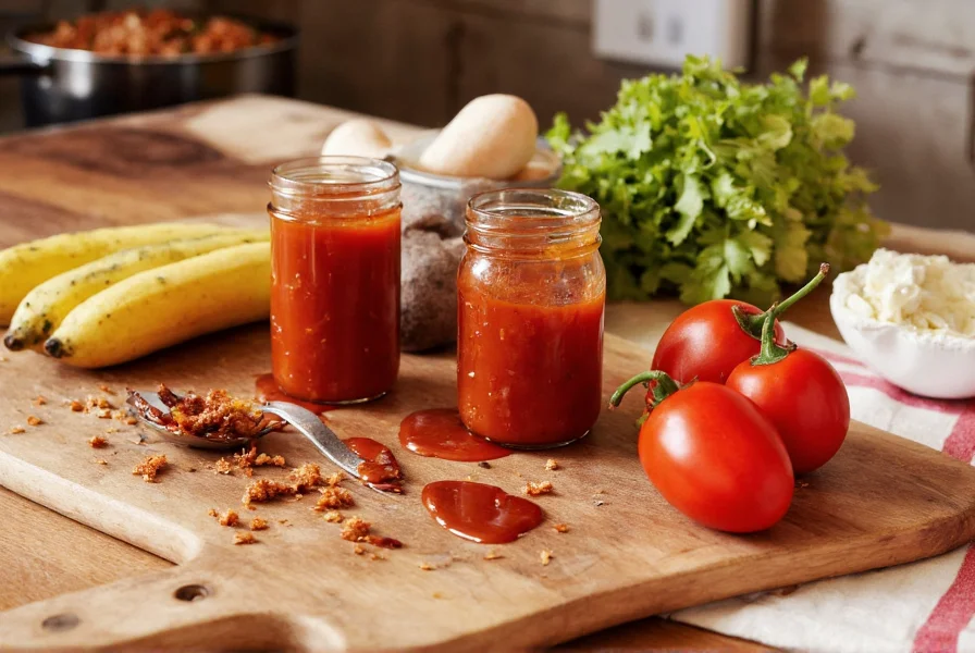 Homemade McDonald's chili sauce recipe ingredients arranged on kitchen counter with.MenuItem cooking utensils