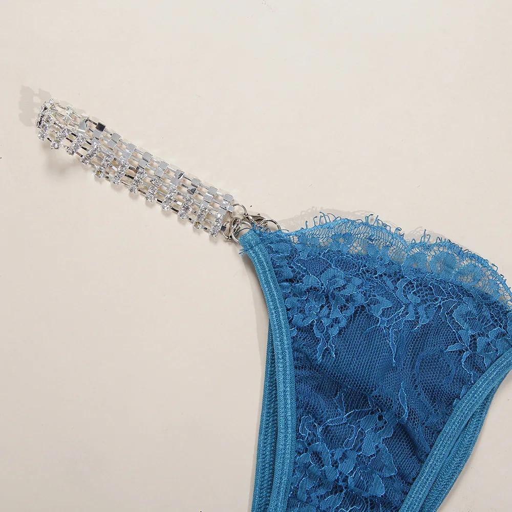Sexy Three Piece Set Breast Lace Rhinestone Gather Bra Panty Lingeries