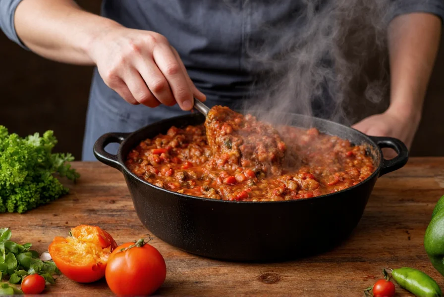 Professional chef preparing homemade chili in cast iron pot with fresh ingredients arranged nearby