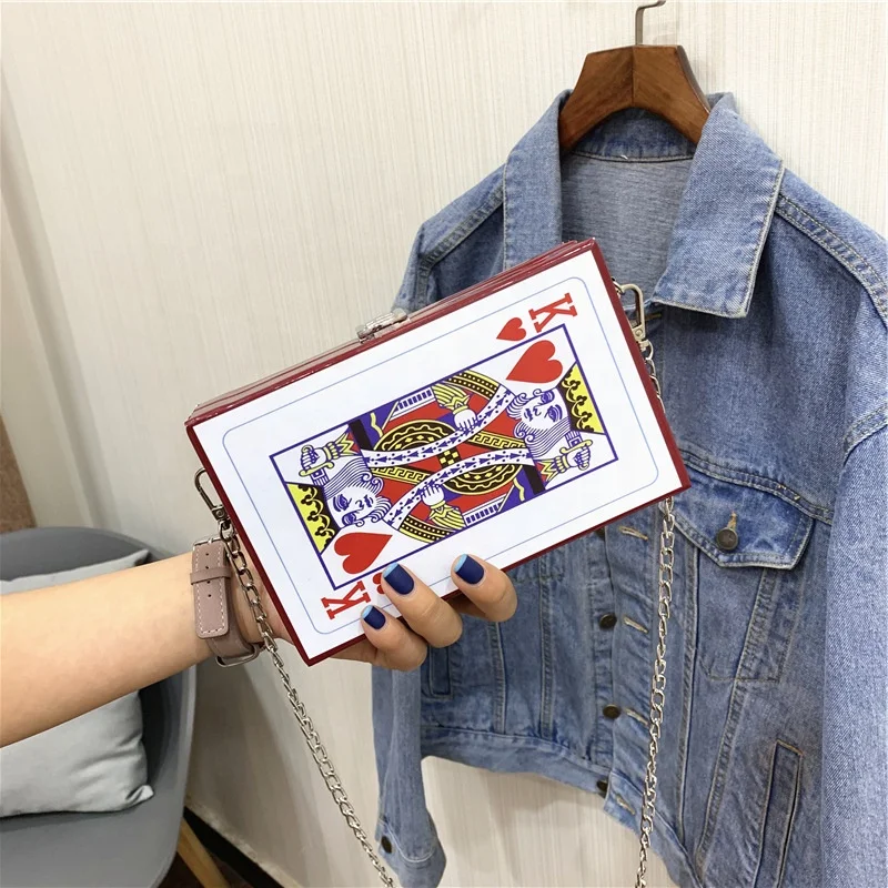 

New Style Personality Original Chain Box Bag Poker Printing Bag Large Capacity Crossbody Bag For Ladies, 1 color