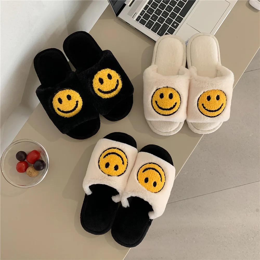 

NEW Smiling Face Slippers Couple indoor Men'S And Women'S plush slide Slippers Non-Slip Fluffy Flip-Flops, Customized color