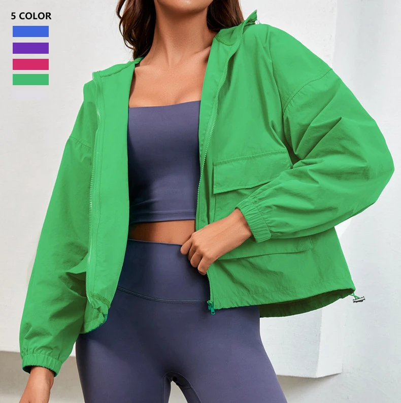 

Wholesale Quick Drying Loose Long Sleeved Sport Clothes Coat Fitness Workout Clothing Drawstring Pocket Zipper Activ Wear Jacket