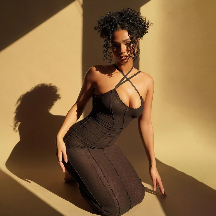 

Kliou K21D01669 Black Lace See Through Backless Bodycon Maxi Dress Casual Dresses Women