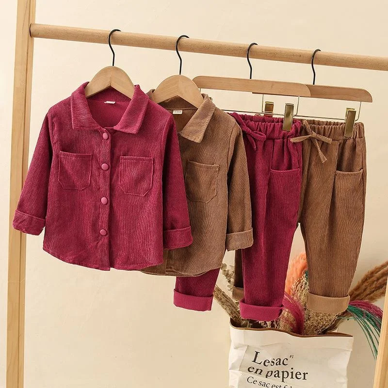

autumn new baby girls clothes children corduroy clothing suits girls red brown green jacket + solid pant 2pcs kid clothing, As picture