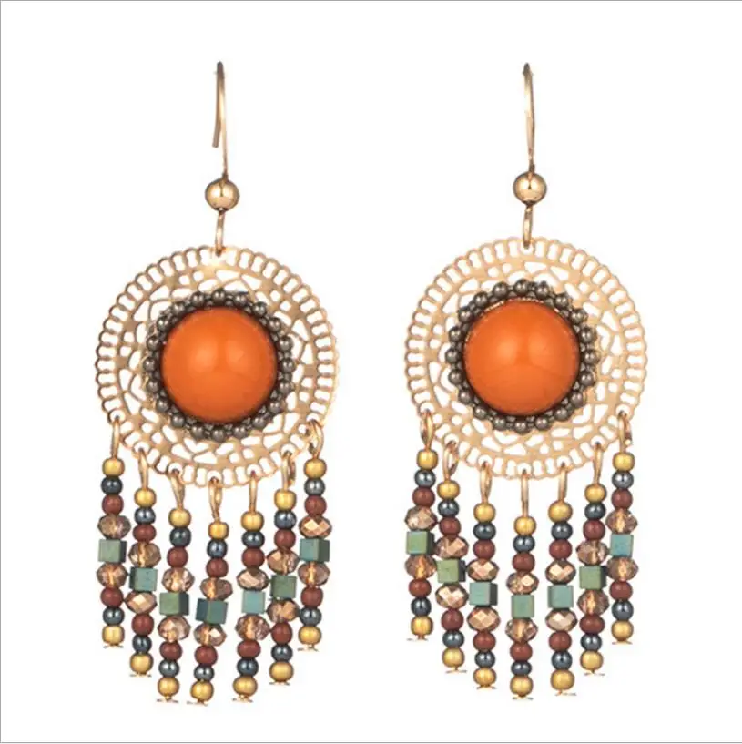 

Bohemian Earring Jewelry Stones Acrylic Silver Color Tassel Fringe Hanging Long Geometric Drop Women