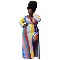 

Plus size women Clothing Long sleeve deep V neck Maxi African Split Dress for women with belt dress designs fat women