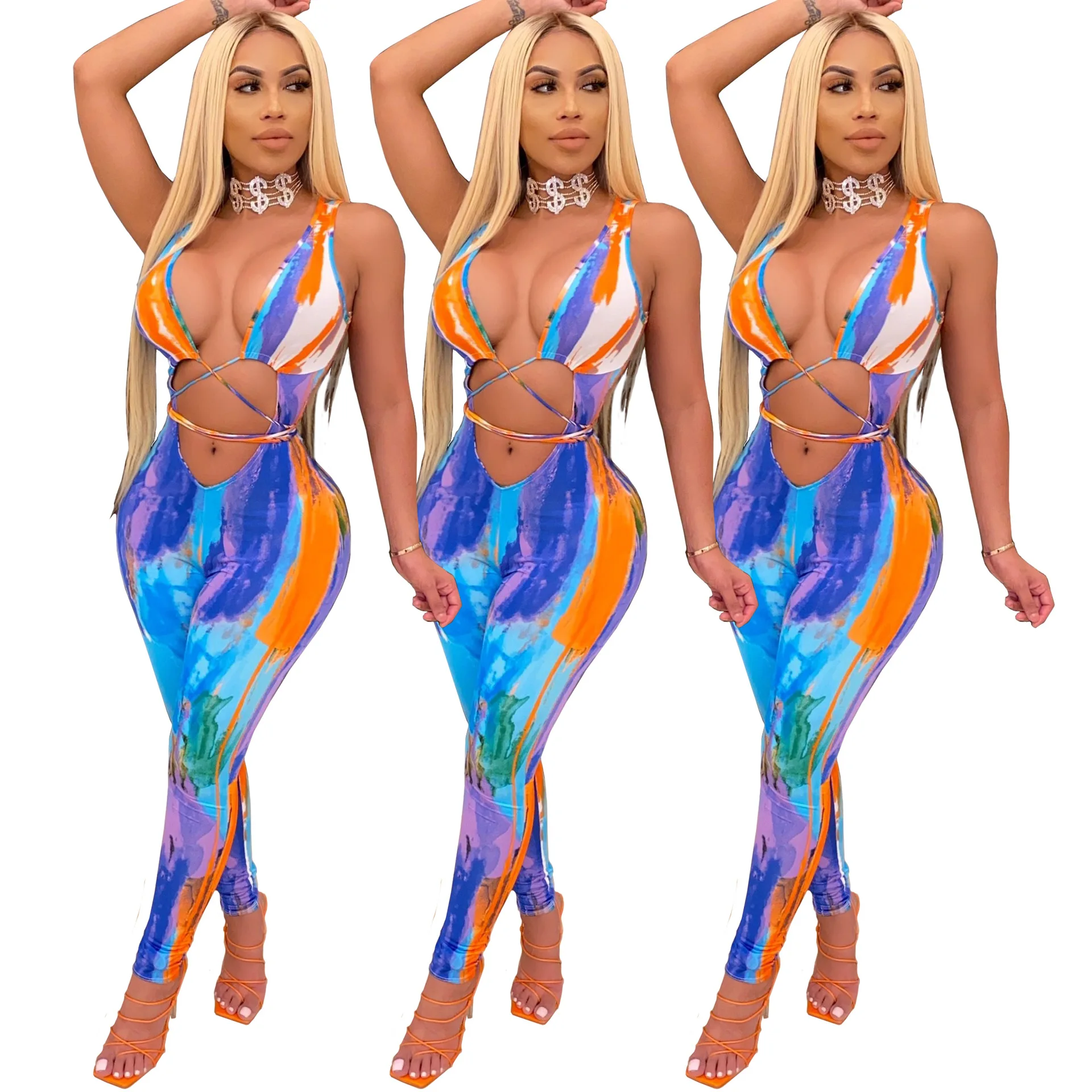 

H1642 Latest design tie dye rompers womens jumpsuit cut out sleeveless onesie for women bodycon lace up one piece jumpsuit