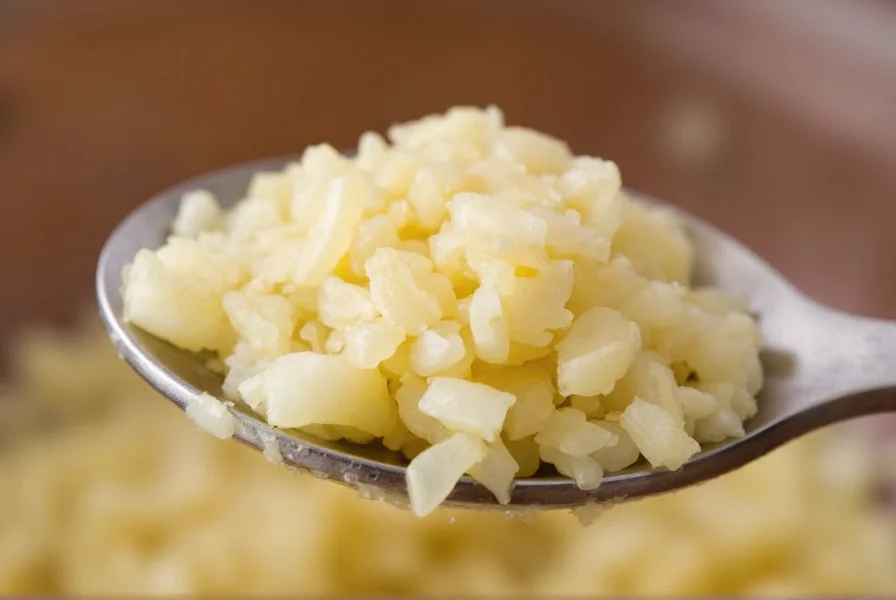 Close-up of freshly minced garlic in a teaspoon measurement