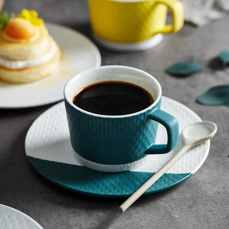 

201ml Japanese-style Stripes Ceramic Coffee Cups Breakfast Milk Cup with Saucer Afternoon Teacup Household Office Mugs