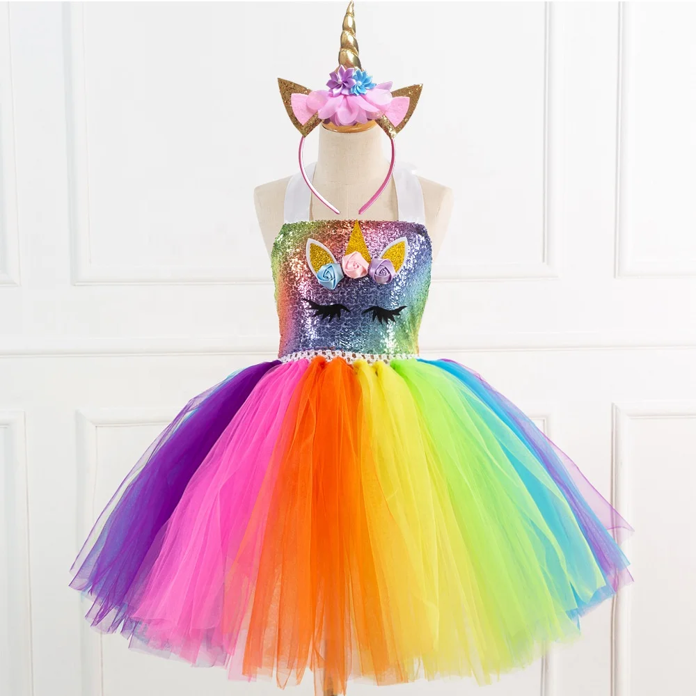 

Unicorn Dress Princess Costume for Girls with Unicorn Headband Sequin Fancy Party Tutu Dress Cosplay Role Play Dress up