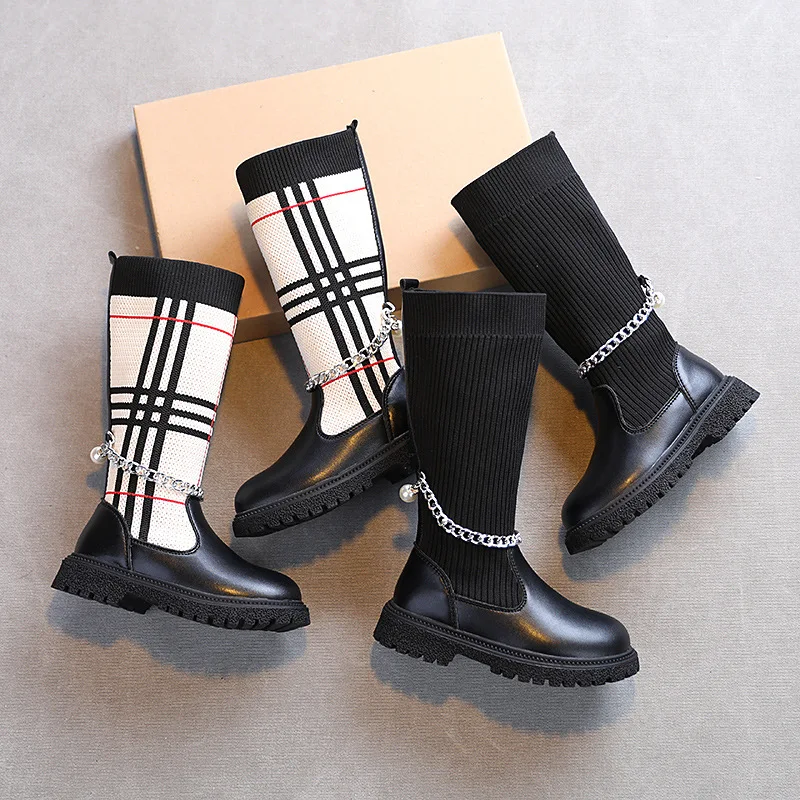 

unique wholesale kid fashion girls autumn knitting long sock shoes leather martin boots