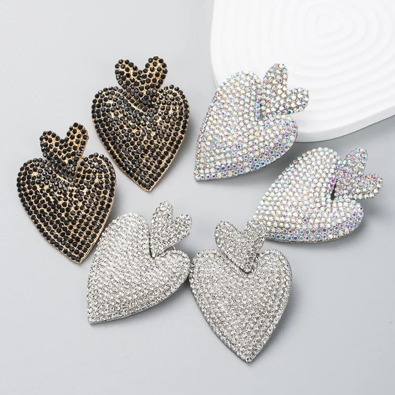 

Luxury Rhinestones Heart Earrings Studs American Exaggerated Bohemian Diamond Earrings Jewelry, 3 colors
