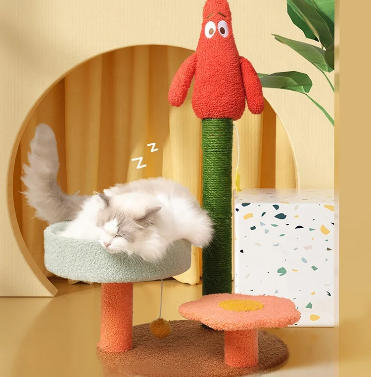 

Secure cute design pet furniture wooden climbing frame with sisal rope post stable soft beds cat tree cute cat tower scratcher