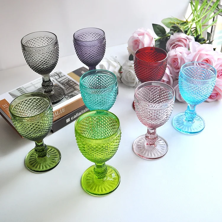 

custom printed unbreakable unique glitter retro colored diamond shape embossed wine glass crystal goblet
