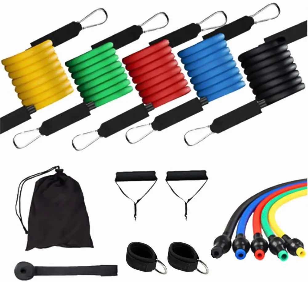 

factory outlet 150LB exercise natural latex tube 11pc resistance bands set, Red,black,green,blue,yellow