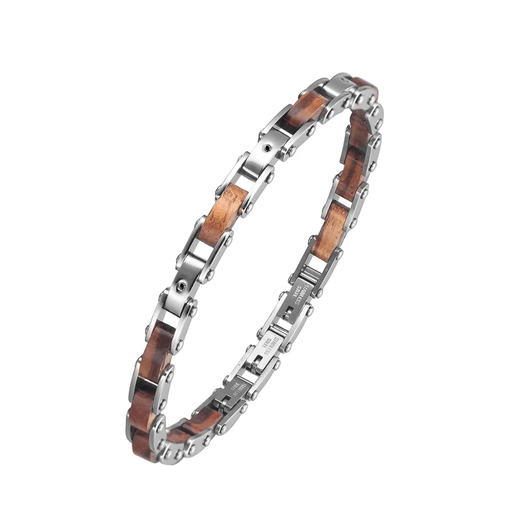 

Global Exclusive Manufacturer Findings Fashion 2021 Custom Wood Bracelet Stainless Steel Jewelry, Silver & brown