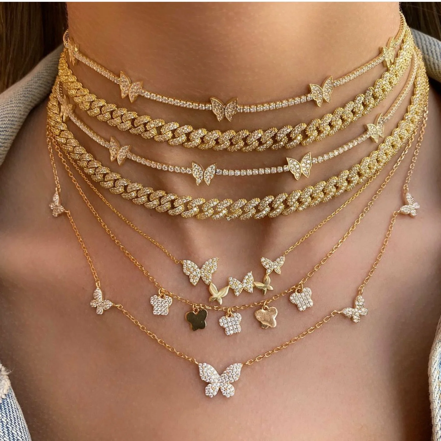 

Hotsale Women Sparkling Glitter Jewelry 18K Gold Plating Butterfly Choker Necklace Clavicle Chain Bling CZ Butterfly Necklace
