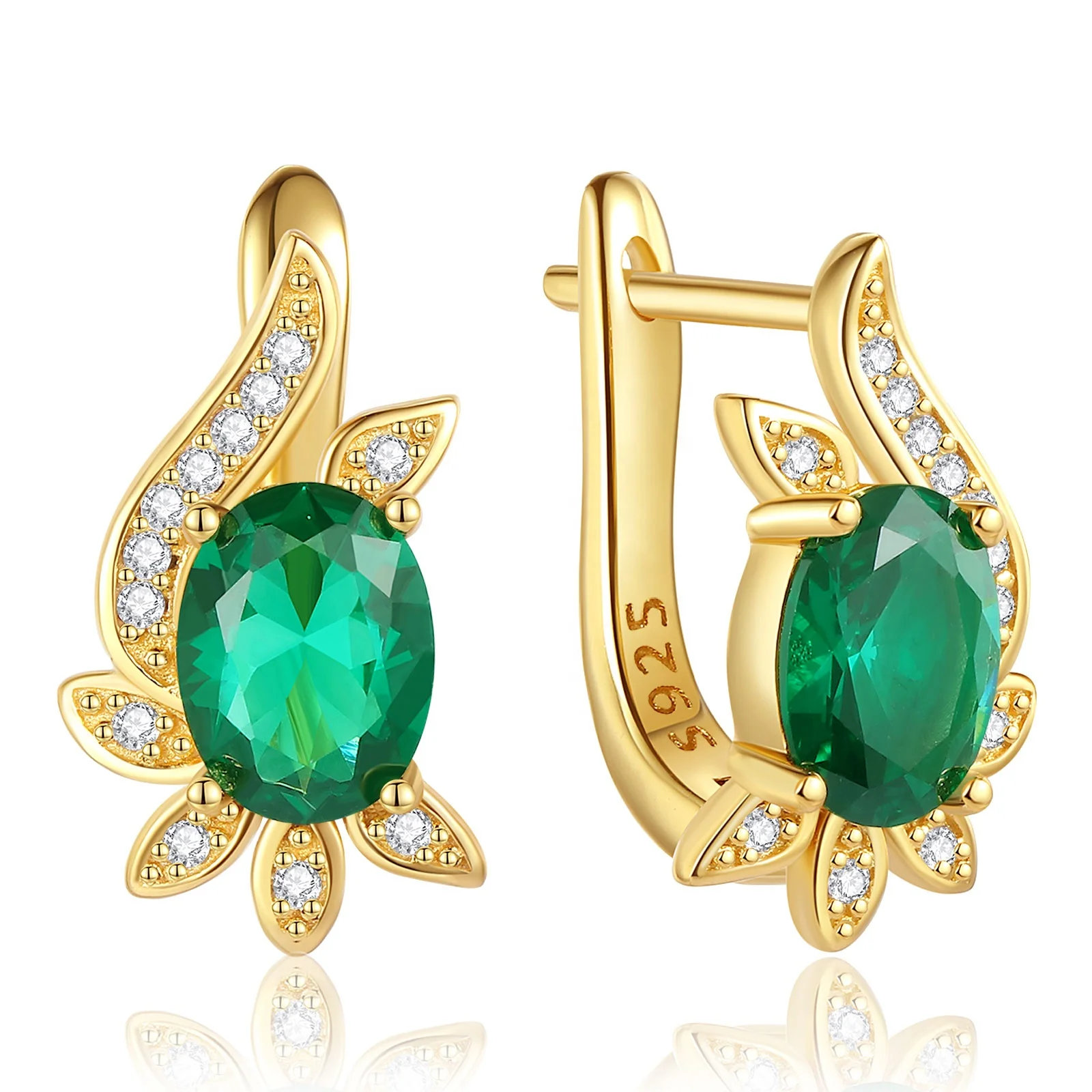 

High End Luxury 925 Sterling Silver 18K Gold Plate Green Cubic Zirconia Jewelry Stud Earrings for Women