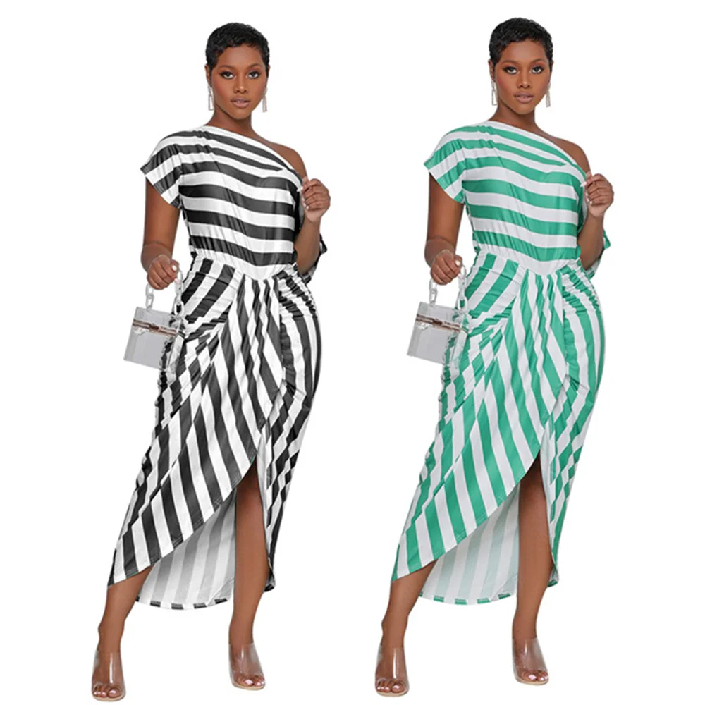 

Fashion Striped Short Sleeves Sloped Shoulder Pleated Irregular Maxi Dress 2021 Summer Long Dresses