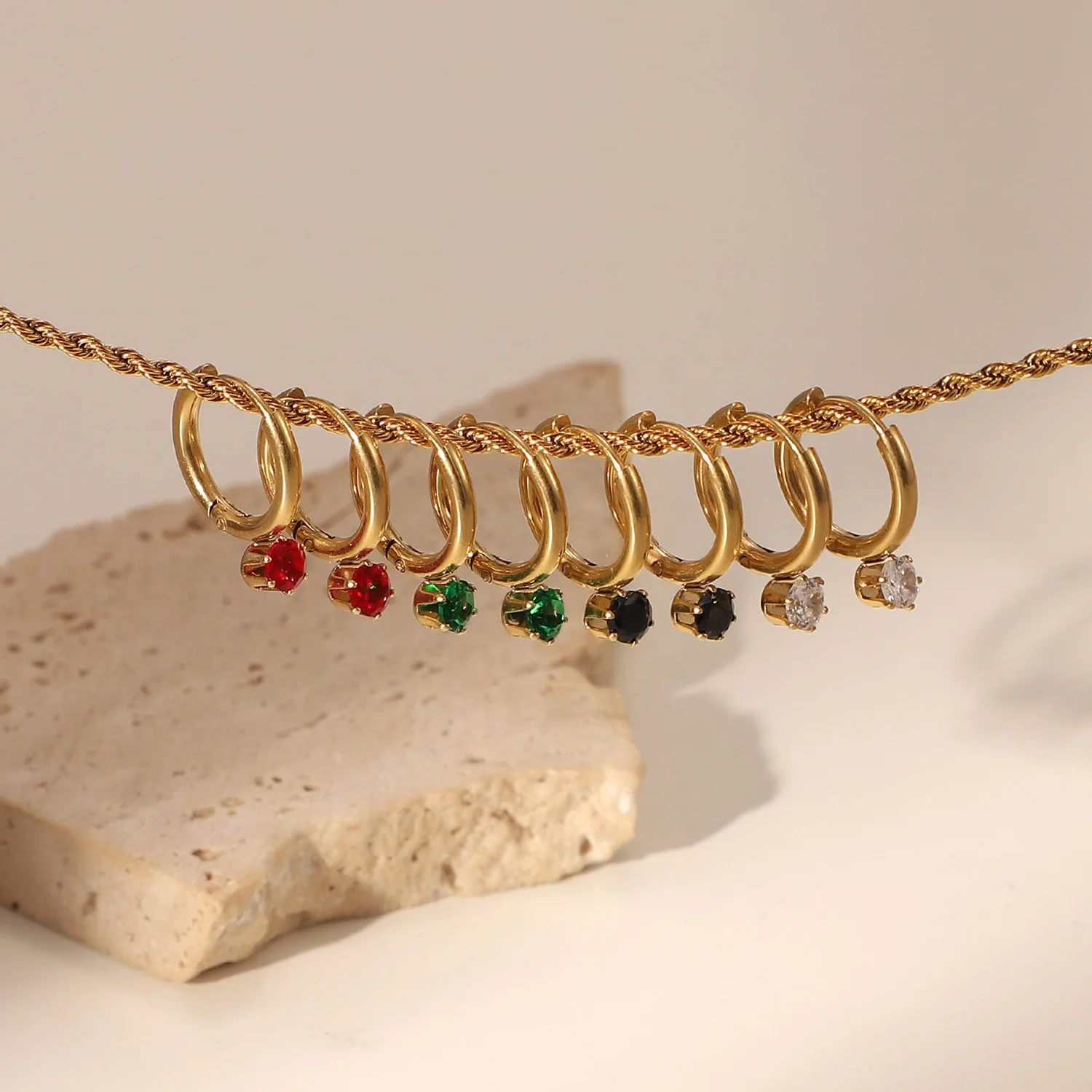 

Simple exquisite red/green/white/black zircon earrings stainless steel 14k gold plated hoop earrings