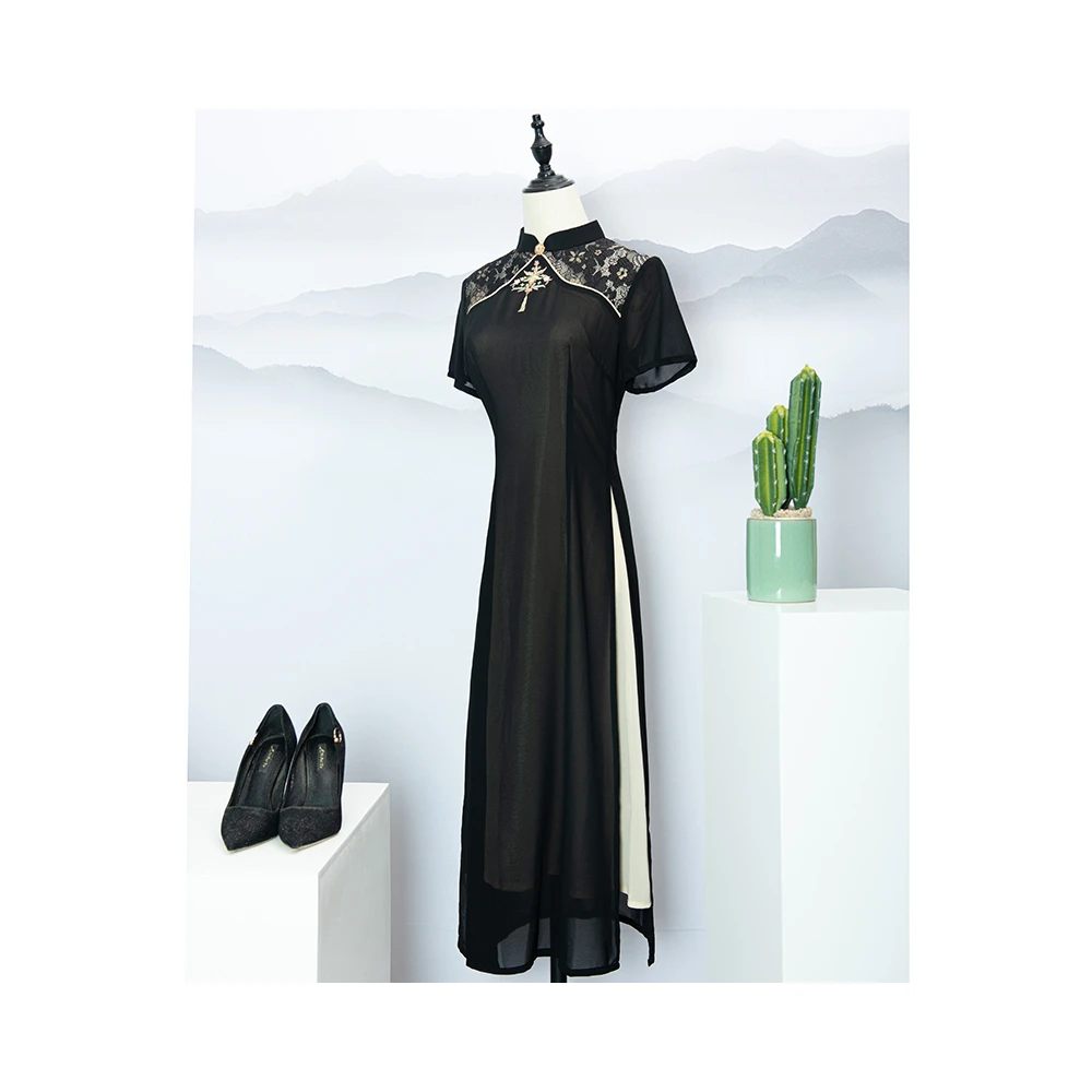 

Hot Selling Gy2223 Modern Chinese Traditional Clothing Young Girl Dress Cheongsam Gown, Black