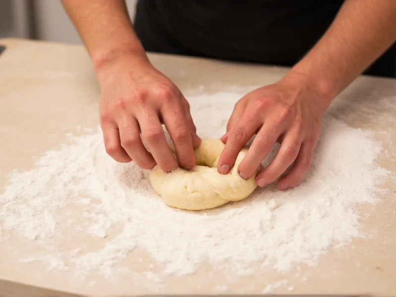 Hand shaping bagel dough on floured surface