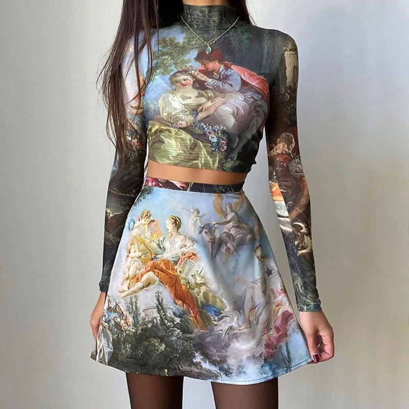 

Vintage oil painting half high collar long sleeves skirt suit woman