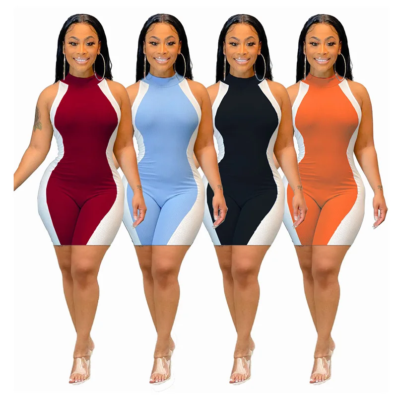 

2021 Summer Leisure Elegant Patchwork Mid Waist Short Bodycon Modest Women's Jumpsuits Wholesale, Picture color