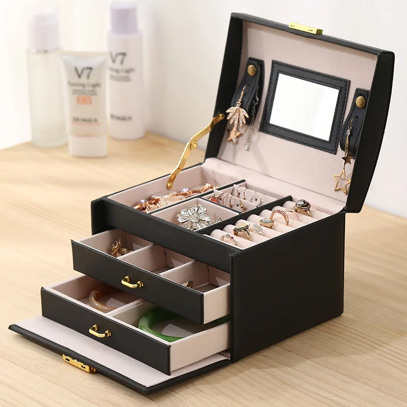 

Three-layer Pu Leather With Mirror Jewelry Box With Lock Double Drawer Jewelry Box Princess Jewelry Storage Box Wholesale Gifts