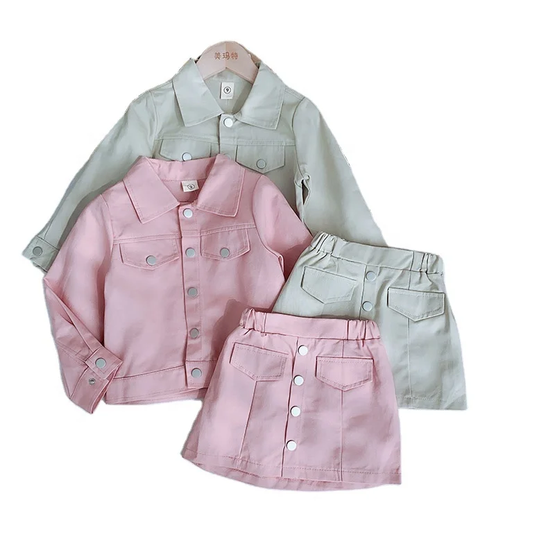 

Kids Girl Suit Turn Down Collar Pink Pocket Buttons Jacket +Matching Skirt Children Girl Outdoor Clothing set