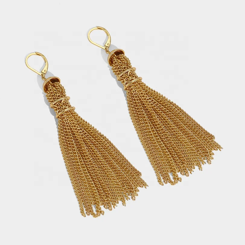 

Classic Jewelry Style Brass And Gold Plated Cylindrical Long Chain Dangle Tassel Earrings, Picture shows