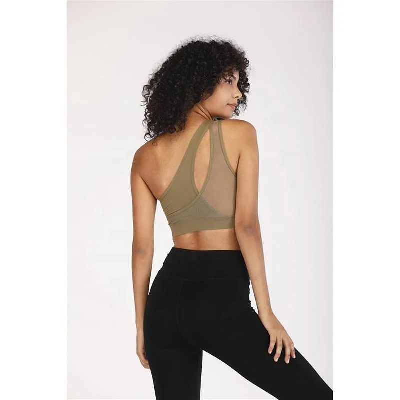 

New Oblique One Shoulder Green Sports Bra Women Running Crop Top, Printed