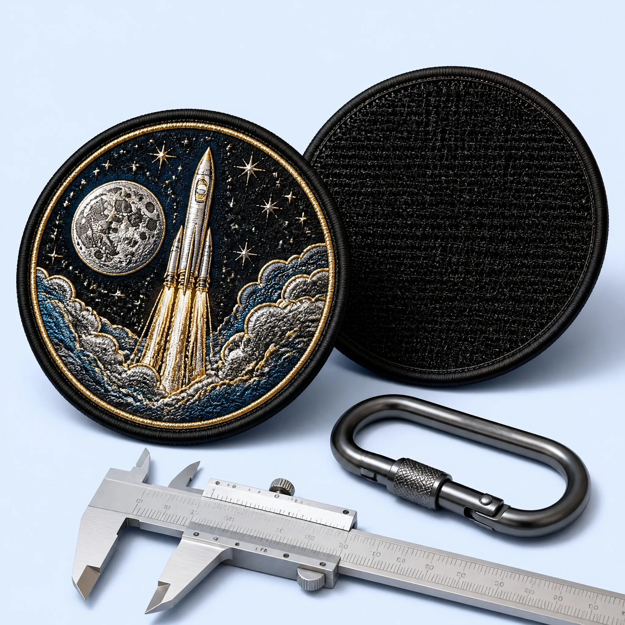 Space Mission Rocket Patch Front and Military-Grade Hook & Loop Backing with Stainless Steel Caliper and Gunmetal Carabiner