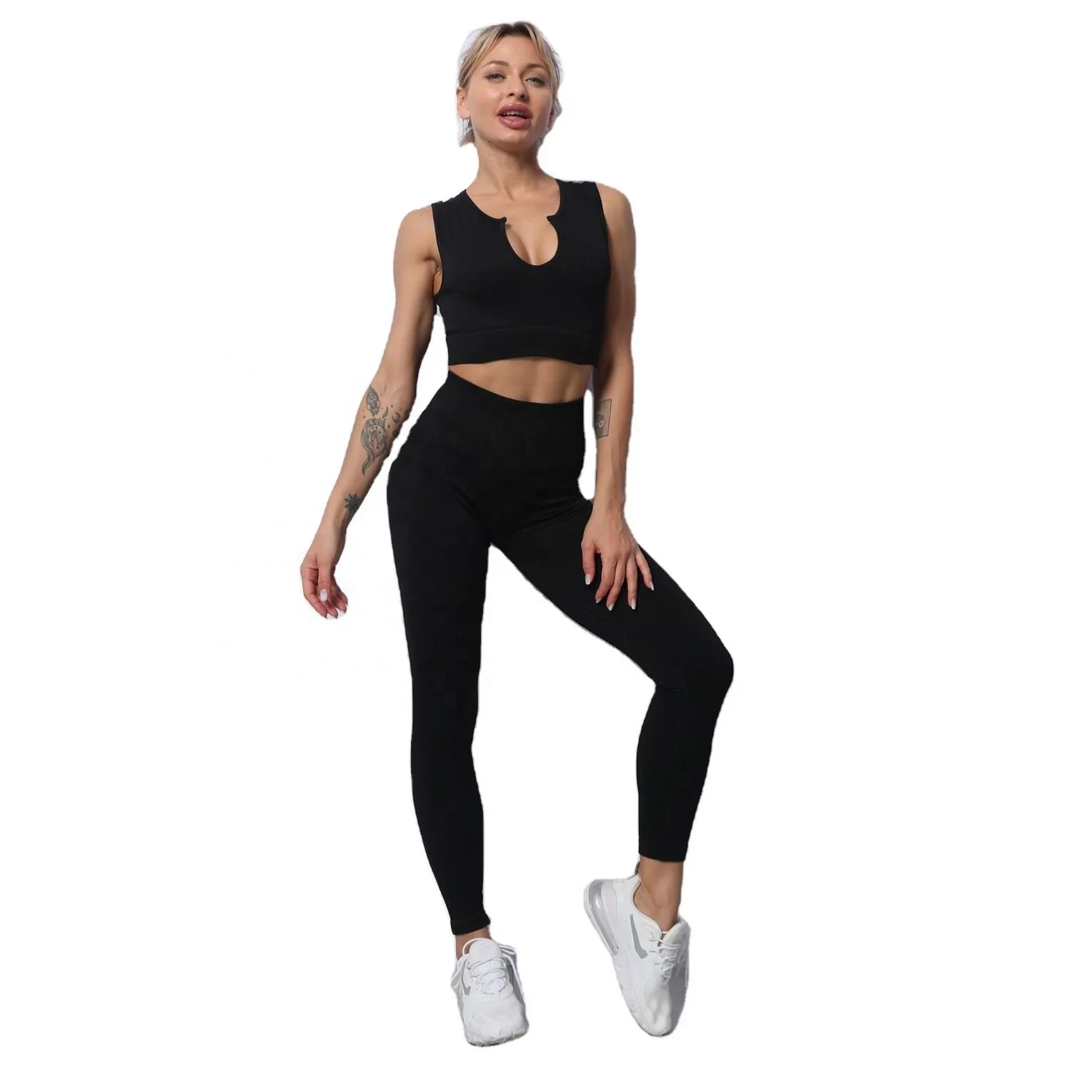 

New Style Women Breathable Push Up Sports Bra And Leggings Workout Sexy Two Pcs Yoga Suits Seamless Set, Black/pink/orange/green