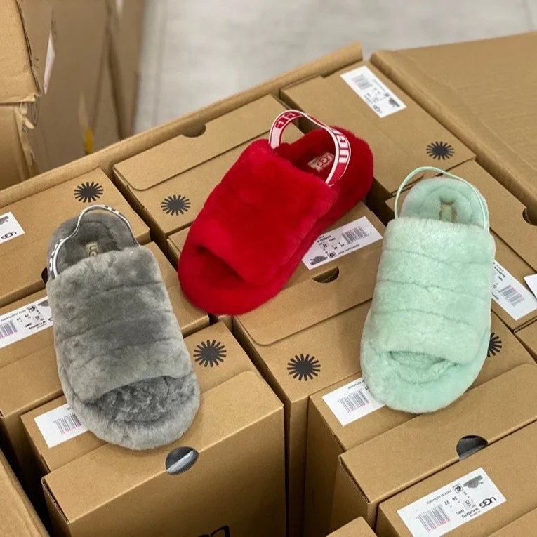 

Wholesale best price High Quality free shipping Uggging popular Women's Fluff Yeah Slide Slippers Custom Logo, Red/green/grey