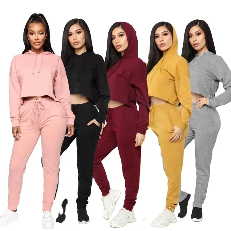 

2021 Stylish Custom Logo Sexy Crop Top And Sport Casual Drawstring Fashion Pure Color Women Tracksuit two piece pants set, Pink ,yellow,red,gray,black,blue,green